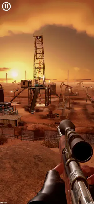 A sniper rifle raised toward an oil derrick at sunset in a desert field