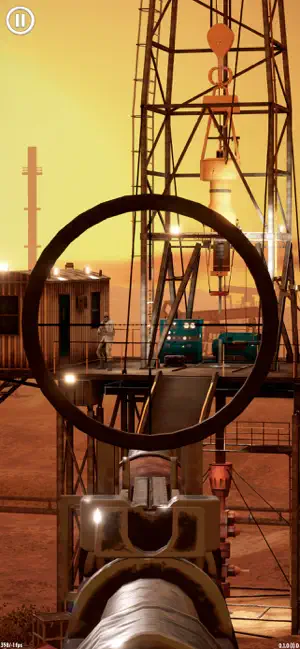 The scope on a soldier standing on an oil-rig platform under a blue sky