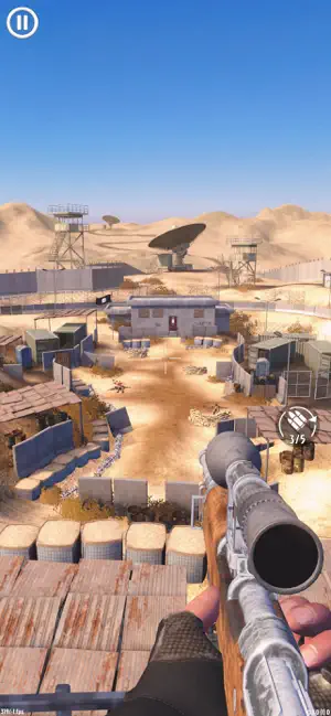 A rifle aimed across a desert outpost with satellite dishes and sandbags