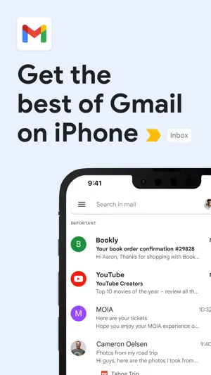 Inbox list with sender avatars and subject previews