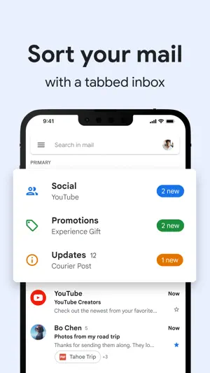 Tabbed inbox showing Social, Promotions and Updates with unread counts