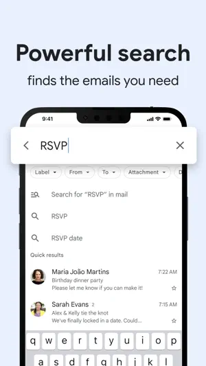 Search with filter chips for label, sender and attachment