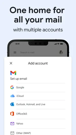 Add account screen listing iCloud, Outlook, Yahoo and IMAP