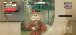 A chimp in a red spacesuit at a scanner station with a health bar