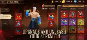 The upgrade screen with the hero and an equipment grid — Upgrade and Unleash Your Strength