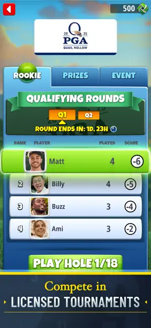 Tournament leaderboard with qualifying rounds and scores
