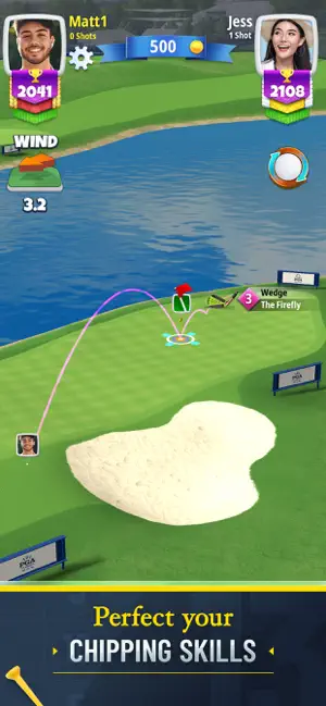 Chip shot arcing toward a green beside a bunker