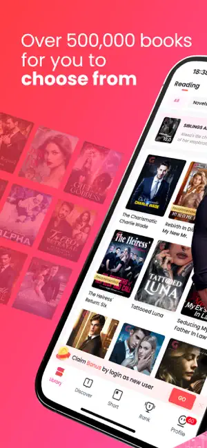 GoodNovel Library tab with a grid of romance and werewolf book covers, a Claim Bonus by login as new user banner and an Over 500,000 books caption