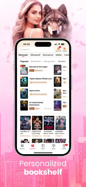 GoodNovel Discover tab with Werewolf, Romance and Mafia genre tabs, Popular, Bestsellers and Rising Stars lists and Premium Exclusives tags