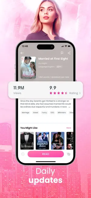 Book page for Married at First Sight with 11.9M views, a 9.9 rating, genre tags, You Might Like suggestions and a Read button