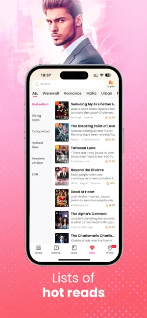 GoodNovel Rank tab with Bestsellers, Rising Stars, Completed, Hottest New and Readers' Choice lists beside book titles and view counts