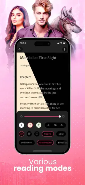 Reader settings over Chapter 1 of Married at First Sight with a brightness slider, three page colours, text size 16, Flipping or Scroll modes and a Merriweather font