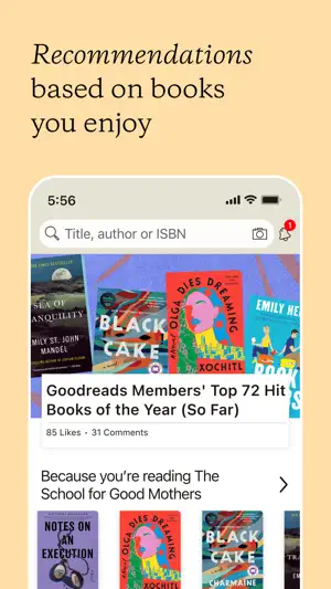 Discover feed with a members' Top 72 books list and picks based on The School for Good Mothers