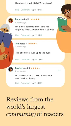 Community review cards with star ratings, like counts and comment counts from Poppy, Tom and Baylee