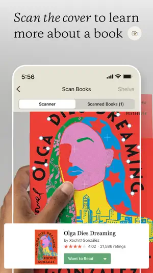 Cover scanner recognising Olga Dies Dreaming, rated 4.02 from 21,586 ratings, with a Want to Read button