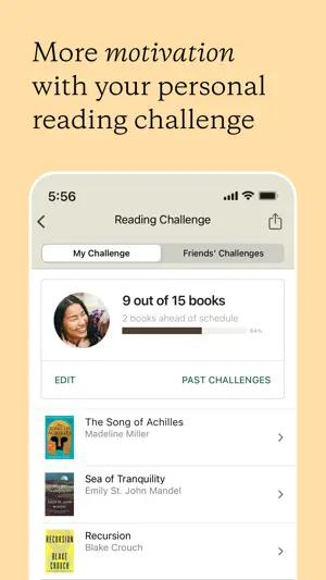 Reading Challenge at 9 of 15 books, two ahead of schedule, with a Friends' Challenges tab