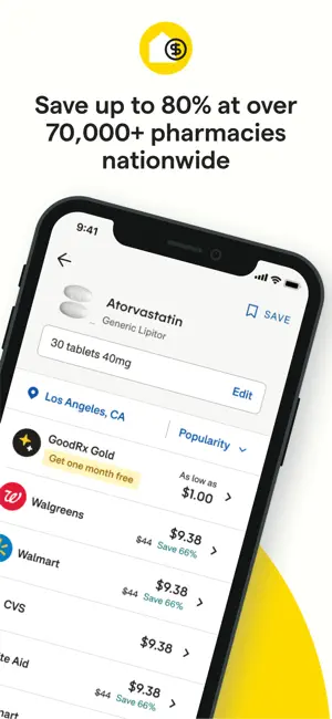 Atorvastatin 40mg, 30 tablets, priced in Los Angeles: GoodRx Gold from $1.00, with Walgreens, Walmart and CVS at $9.38