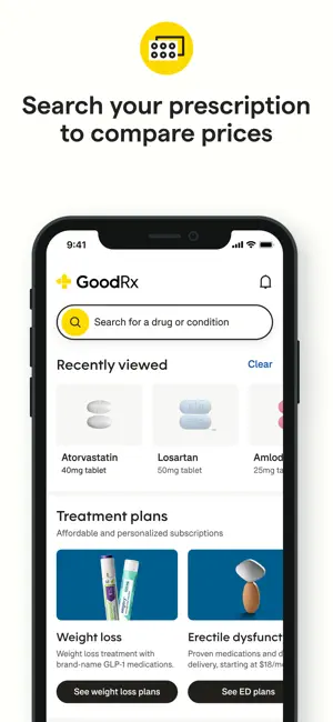 GoodRx home screen with a drug or condition search bar, recently viewed atorvastatin and losartan, and treatment plan cards