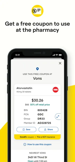 Free atorvastatin coupon for Vons at $30.26 against a $66 retail price, with BIN, PCN, Group and Member ID codes