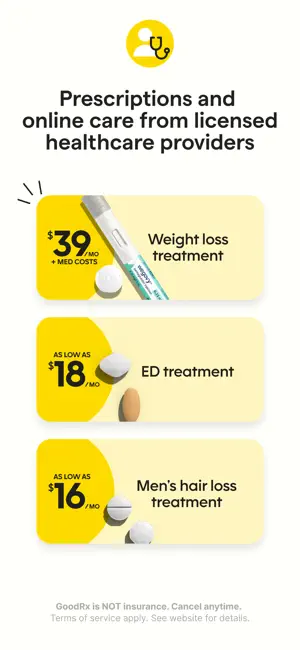 GoodRx Care plan cards: weight loss at $39 a month plus medication costs, ED treatment from $18 and hair loss from $16