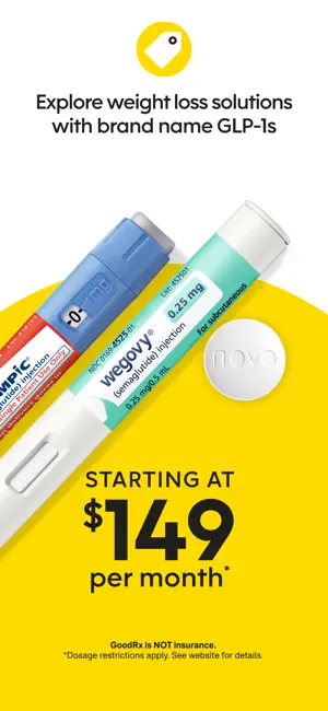 Ozempic and Wegovy injection pens beside a weight-loss offer starting at $149 per month, with a GoodRx is not insurance notice