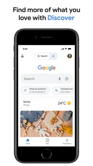 Home screen with the search box, weather card and Discover feed