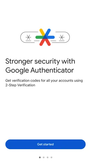Onboarding screen with the multicolour Google Authenticator logo, the headline Stronger security with Google Authenticator and a Get started button