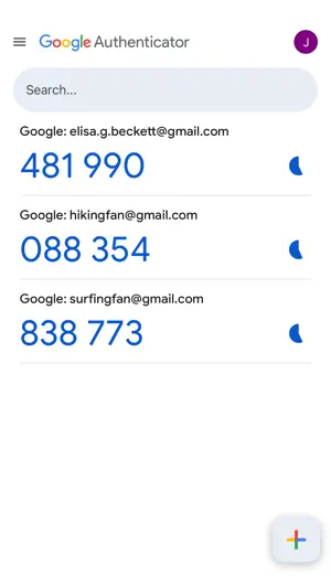 Light-theme code list with three Google accounts showing six-digit codes and countdown timers, plus a search bar
