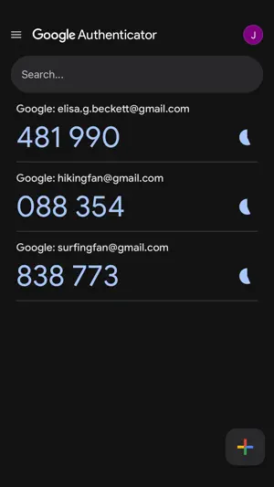 Dark-theme version of the same code list with a multicolour plus button for adding new codes