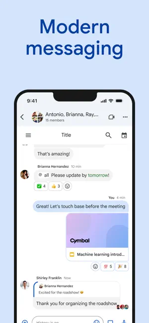 Group chat with 15 members showing an @all request, emoji reactions, a shared Google Slides file card and a quoted reply