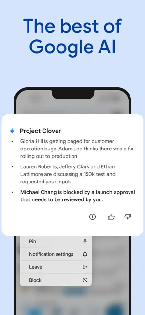 Gemini summary card titled Project Clover with three bullet-point updates above a conversation menu offering Pin, Notification settings, Leave and Block