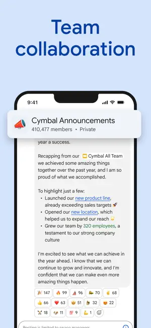 Private announcement space Cymbal Announcements with 410,477 members, a long post with links, dozens of emoji reactions and posting limited to space managers