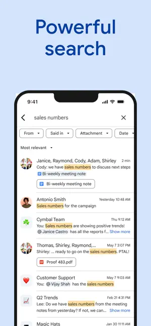 Search results for sales numbers with From, Said in, Attachment and Date filters and highlighted matches across chats and spaces