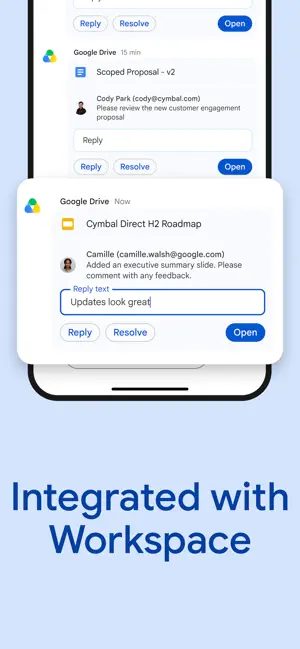 Google Drive app messages in Chat asking for comments on Docs and Slides files, each with Reply, Resolve and Open buttons