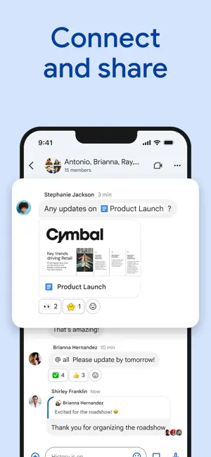 Google Docs link to Product Launch shown as a preview card with reactions inside a group chat