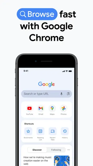 New tab page with Google search, app shortcuts and a Discover feed