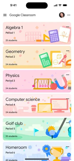 Teacher home screen with class cards for Algebra 1, Geometry, Physics, Computer science, Golf club and Homeroom, each with a period number and student count
