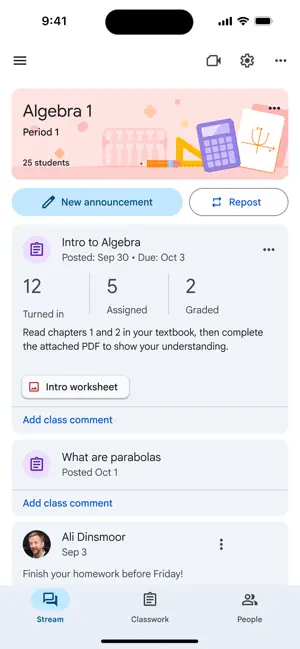 Algebra 1 stream with a New announcement button and an Intro to Algebra assignment showing 12 turned in, 5 assigned and 2 graded