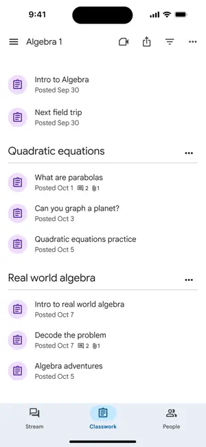 Classwork tab for Algebra 1 with assignments grouped under the topics Quadratic equations and Real world algebra