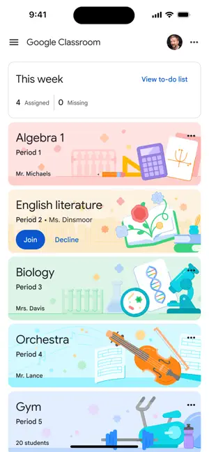 Student home screen with a This week panel showing 4 assigned and 0 missing, class cards and a Join or Decline invitation for English literature
