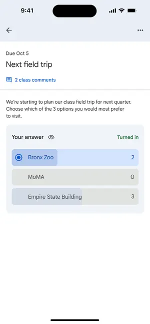 Question post about a class field trip where the student chose Bronx Zoo, with vote tallies shown for MoMA and the Empire State Building