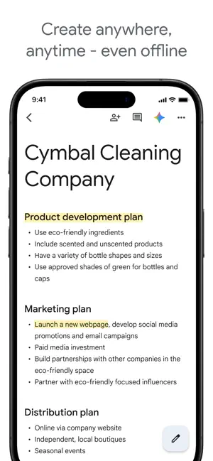 Google Docs on an iPhone showing a Cymbal Cleaning Company plan with highlighted headings and bullet lists, under an offline caption