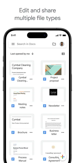 Docs home screen with a search bar and a grid of recent files such as Project proposal, Meeting notes and Newsletter