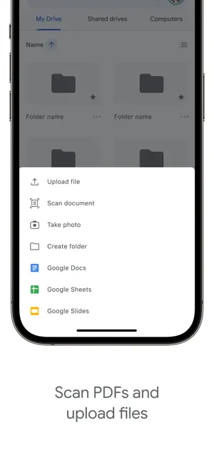 Create menu with Upload file, Scan document and Google Docs options