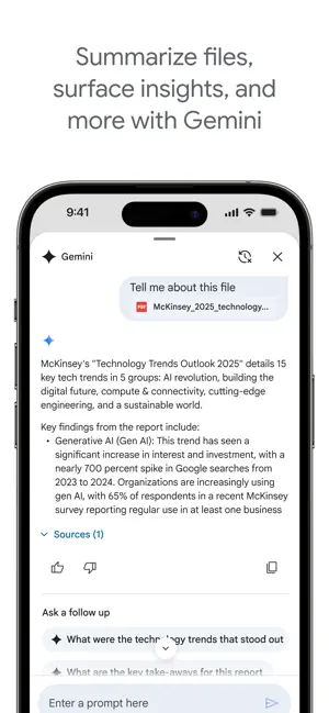 Gemini summarising a PDF report with sources and follow-up questions