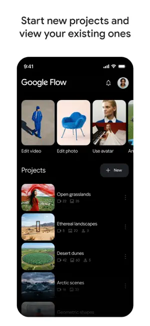Google Flow home screen with Edit video, Edit photo and Use avatar shortcuts above a list of projects
