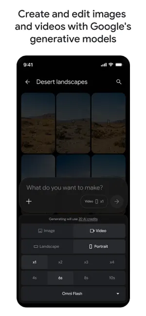 Prompt panel set to a 6-second portrait video on Omni Flash, showing a cost of 20 AI credits