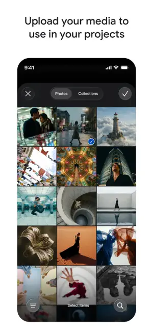 Media picker with a grid of photos to upload into a project, with Photos and Collections tabs
