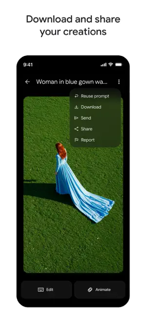 Generated image of a woman in a long blue gown on grass, with Download, Share, Edit and Animate options