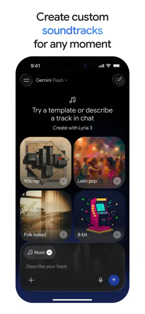 Create custom soundtracks for any moment: music templates to pick or describe in chat